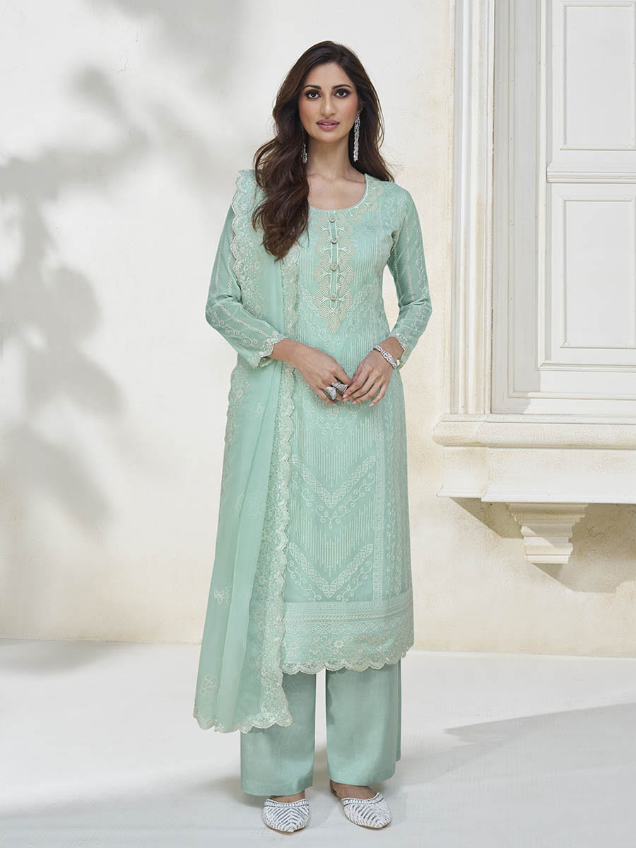 Myra Pastel Sea Green Silk Embroidered Pant Style Suit