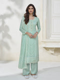 Myra Pastel Sea Green Silk Embroidered Pant Style Suit