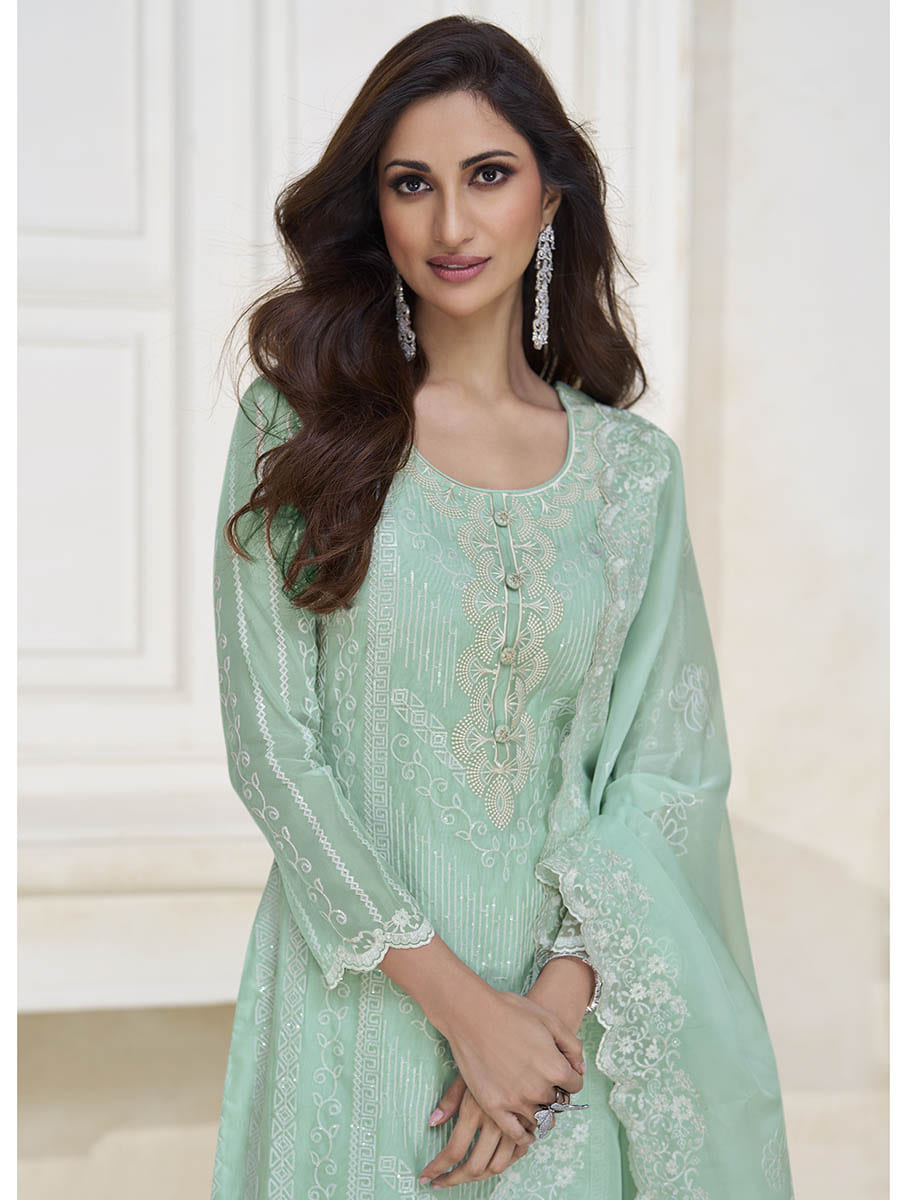 Myra Pastel Sea Green Silk Embroidered Pant Style Suit