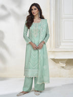 Myra Pastel Sea Green Silk Embroidered Pant Style Suit