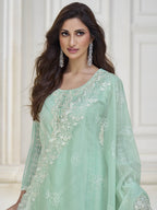 Myra Pastel Sea Green Silk Embroidered Pant Style Suit