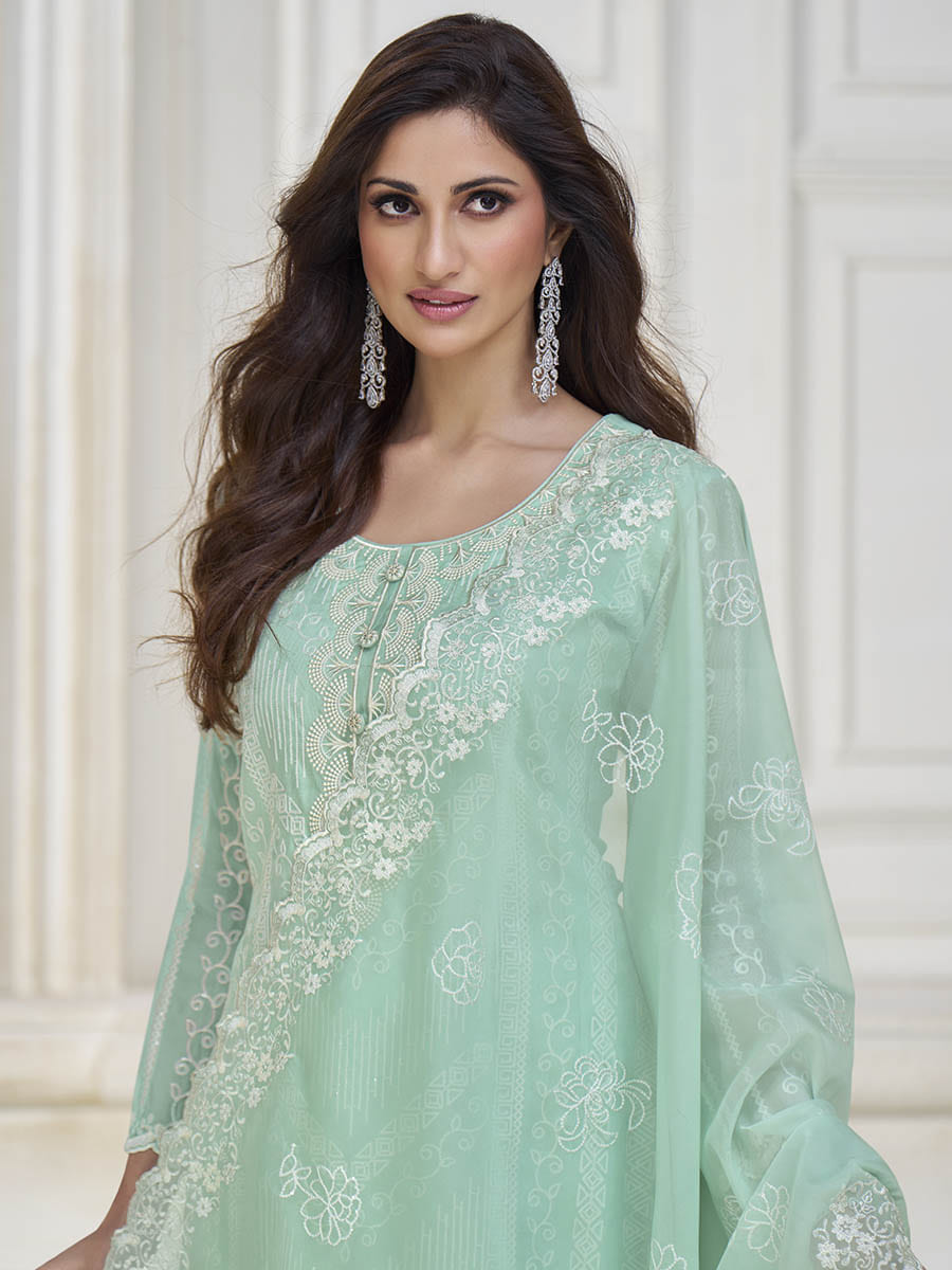 Myra Pastel Sea Green Silk Embroidered Pant Style Suit