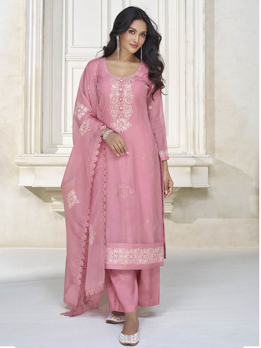 Myra Dusty Pink Organza Silk Embroidered Pant Style Suit