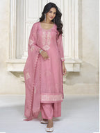 Myra Dusty Pink Organza Silk Embroidered Pant Style Suit
