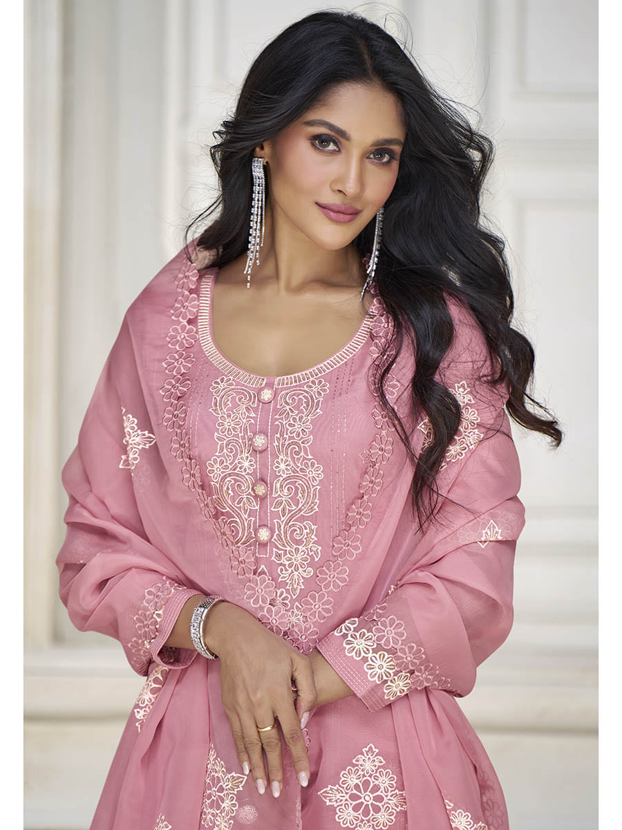 Myra Dusty Pink Organza Silk Embroidered Pant Style Suit