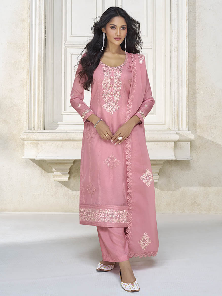 Myra Dusty Pink Organza Silk Embroidered Pant Style Suit
