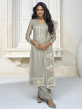 Myra Pastel Grey Organza Silk Embroidered Pant Style Suit
