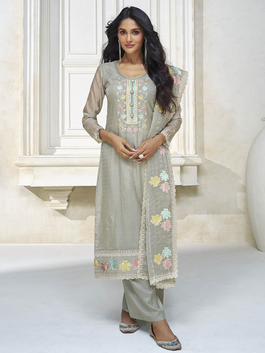 Myra Pastel Grey Organza Silk Embroidered Pant Style Suit
