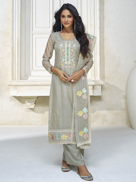 Myra Pastel Grey Organza Silk Embroidered Pant Style Suit