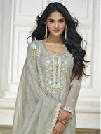 Myra Pastel Grey Organza Silk Embroidered Pant Style Suit