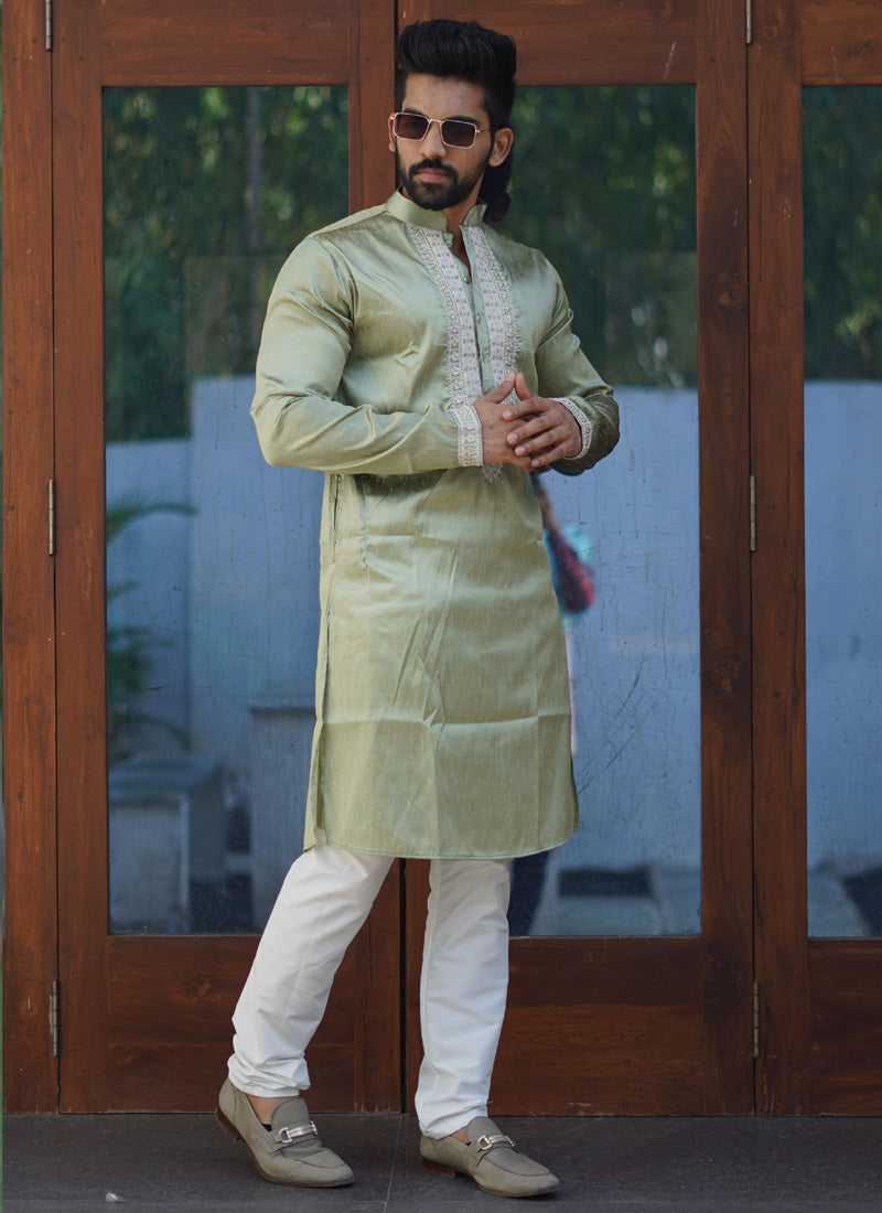 Prazu Fashion Mehendi Shiny Silk Fabulous Coding Work Kurta With Pajama - Distacart