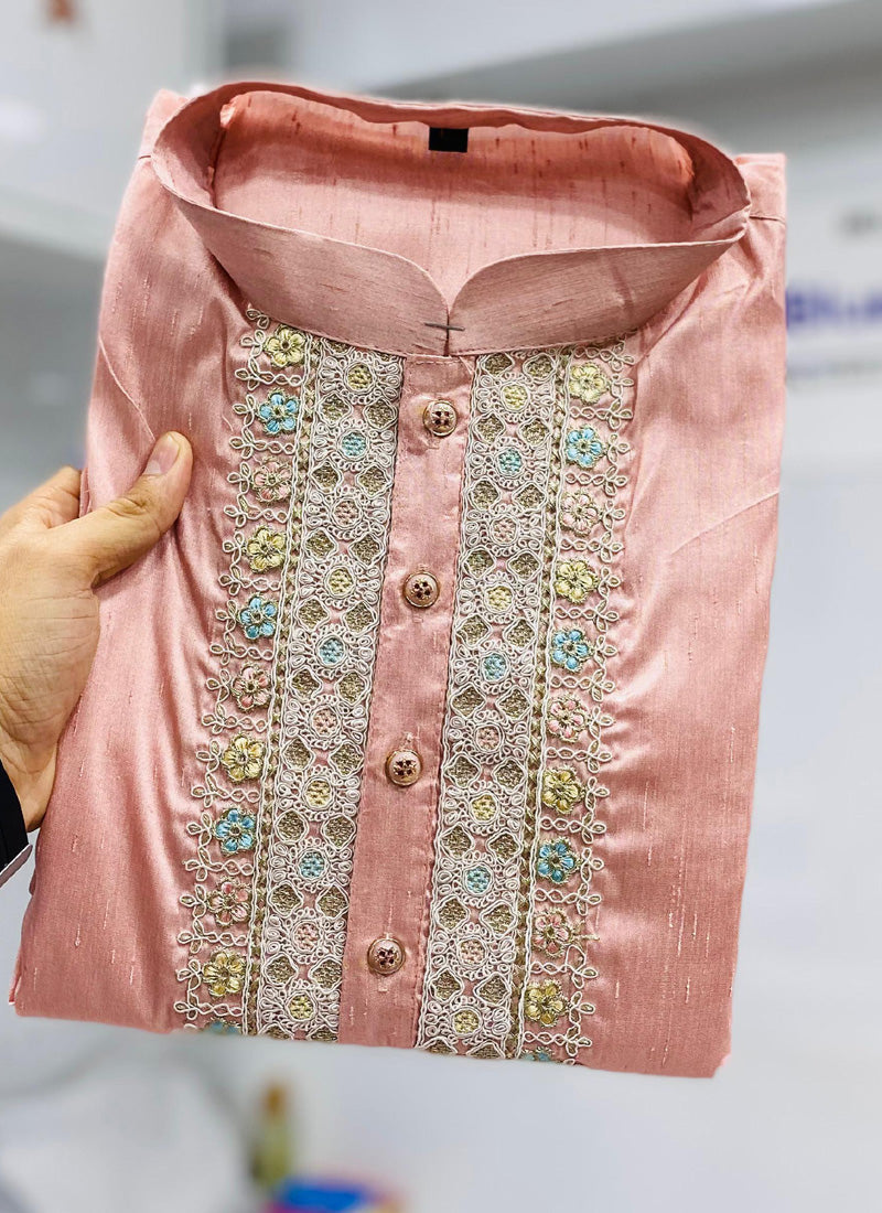 Prazu Fashion Baby Pink Shiny Silk Fabulous Coding Work Kurta With Pajama