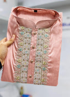 Prazu Fashion Baby Pink Shiny Silk Fabulous Coding Work Kurta With Pajama