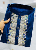 Prazu Fashion Blue Shiny Silk Fabulous Coding Work Kurta With Pajama