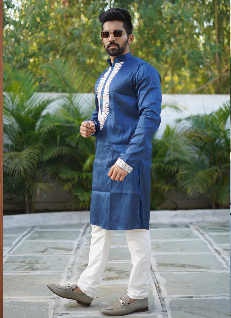 Prazu Fashion Blue Shiny Silk Fabulous Coding Work Kurta With Pajama