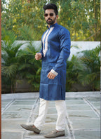 Prazu Fashion Blue Shiny Silk Fabulous Coding Work Kurta With Pajama