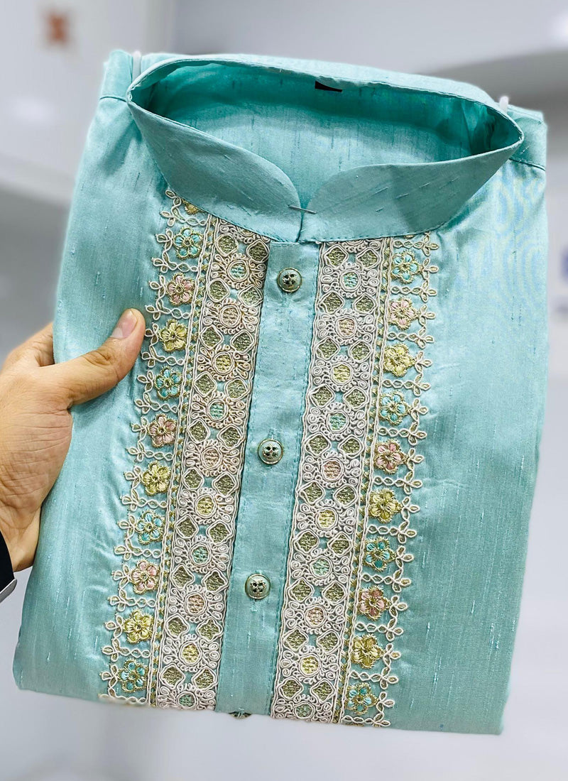 Prazu Fashion Sky Blue Shiny Silk Fabulous Coding Work Kurta With Pajama