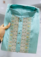 Prazu Fashion Sky Blue Shiny Silk Fabulous Coding Work Kurta With Pajama