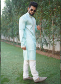 Prazu Fashion Sky Blue Shiny Silk Fabulous Coding Work Kurta With Pajama