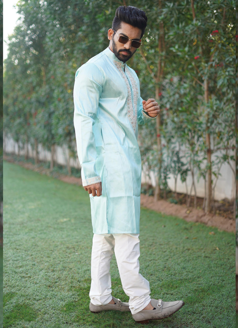 Prazu Fashion Sky Blue Shiny Silk Fabulous Coding Work Kurta With Pajama