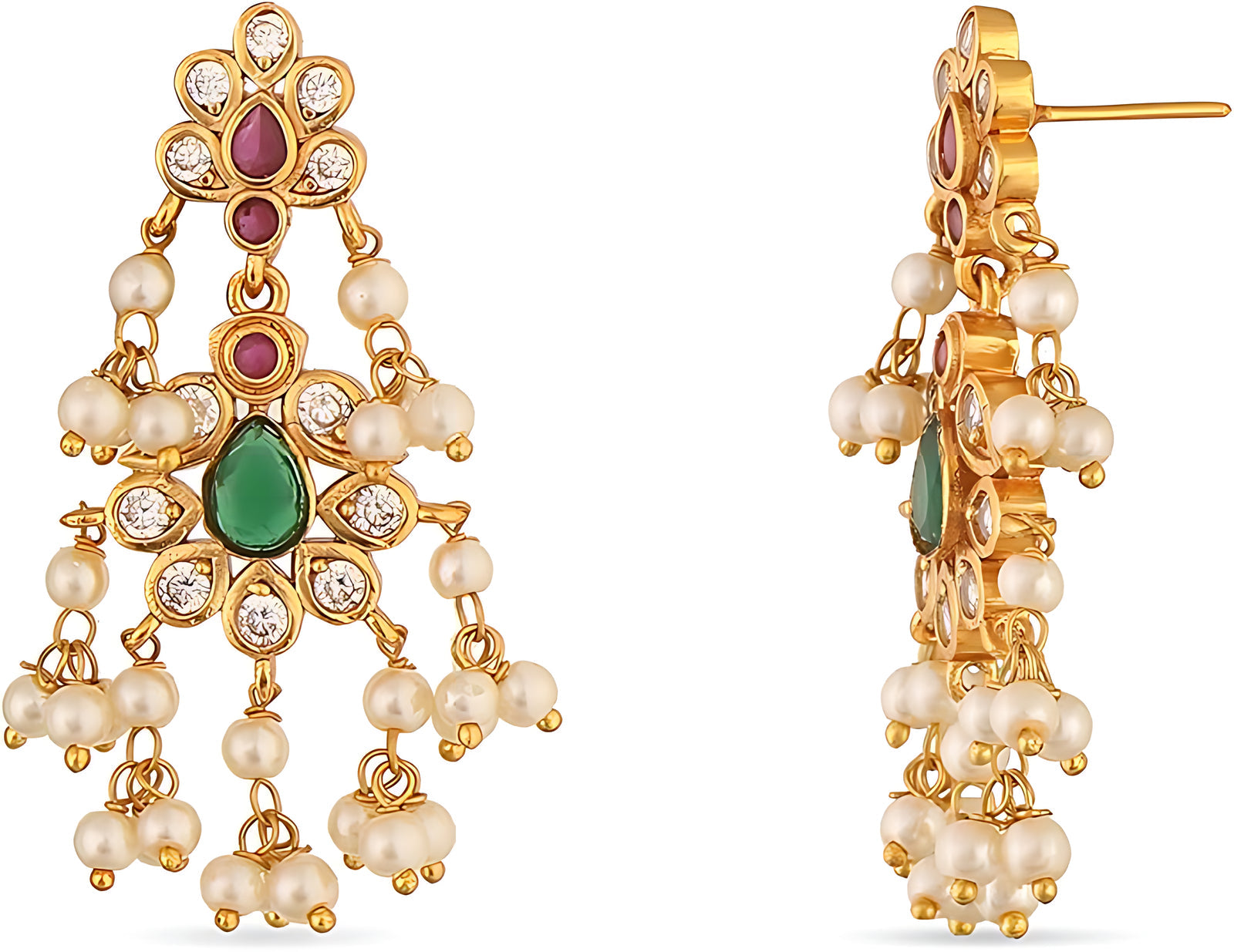 Jewel City Exquisite South Indian-Style Gold-Plated Necklace and Earrings Set with Pearl and Gemstone Accents