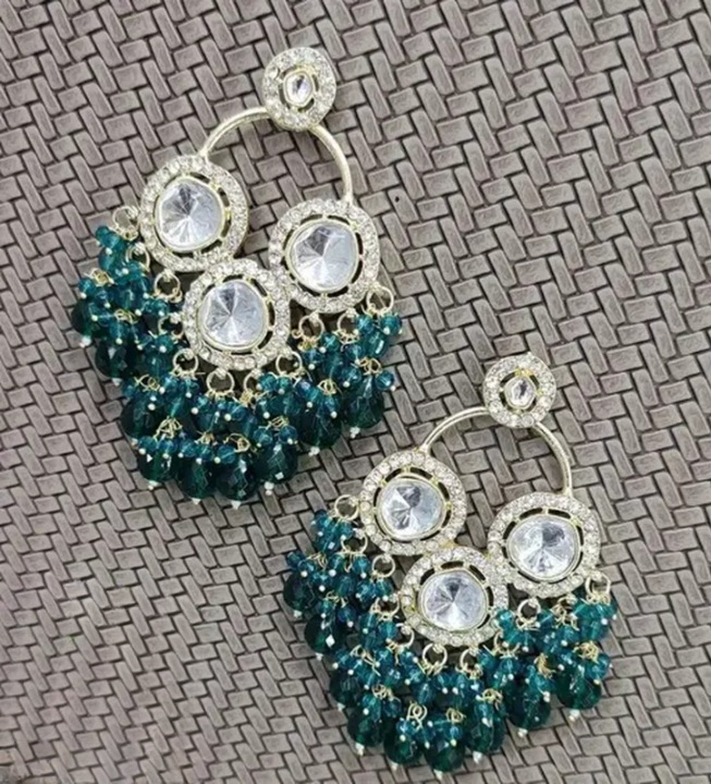 Jewel City Luxurious Polki Diamond and Rama Green Chandelier Earrings - Distacart