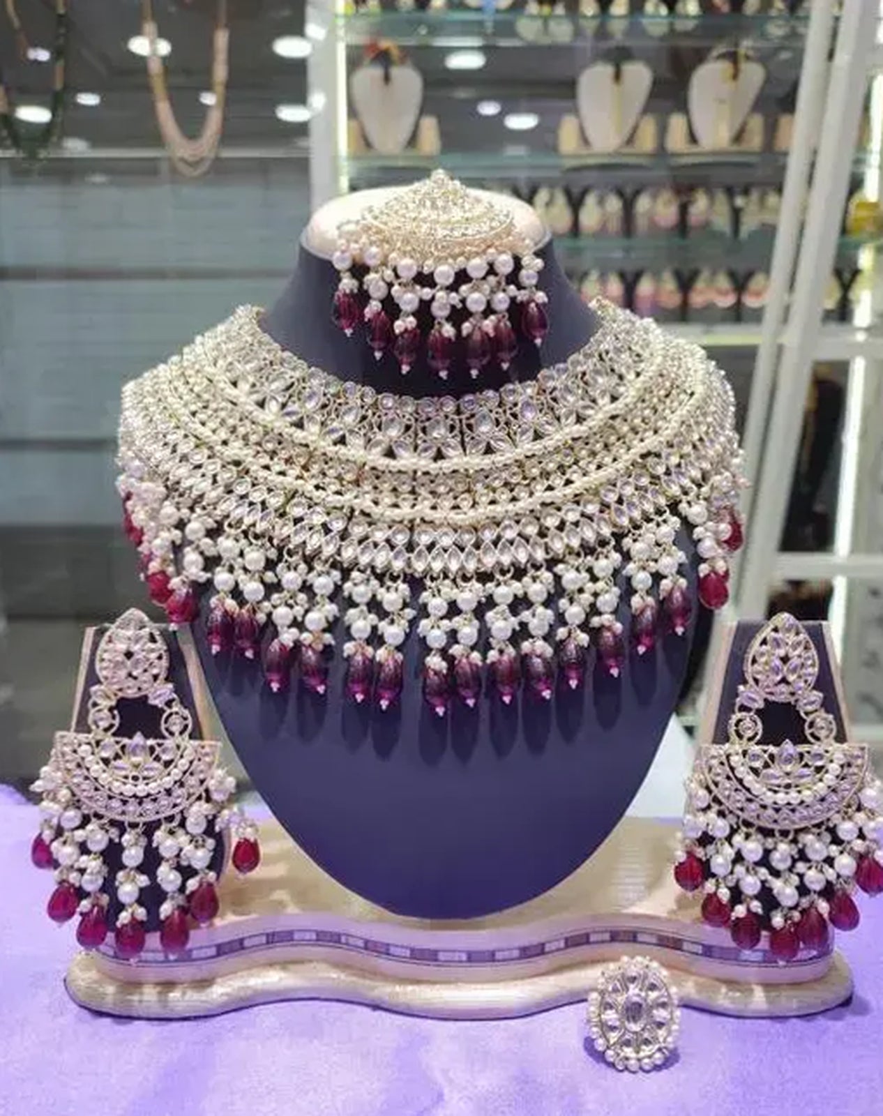 Jewel City Opulent Bridal Kundan Choker Set with Wine Beads and Matching Earrings & Maang Tikka