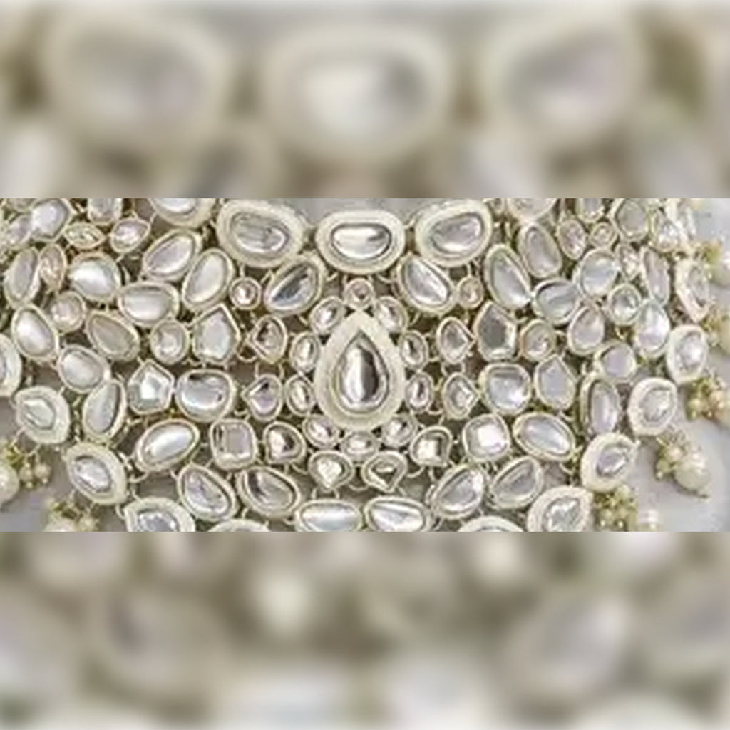 Jewel City Royal Kundan Choker Set with White Beads - Traditional Indian Wedding Jewelry Set with Earrings and Tikka
