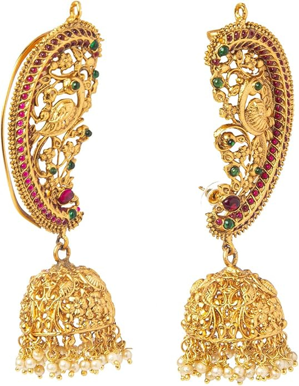 Jewel City Exquisite Gold-Plated Peacock Jhumka Earrings with Ruby and Emerald Accents - Distacart