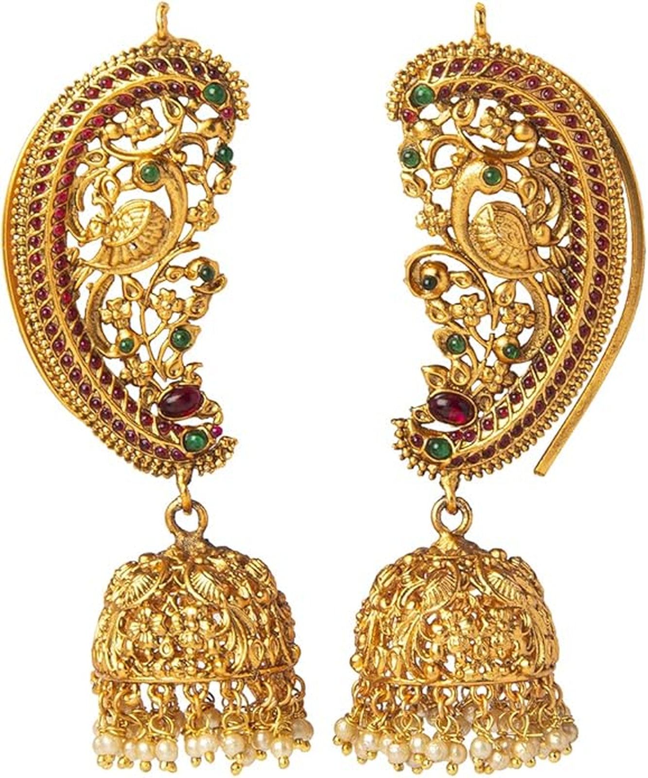 Jewel City Exquisite Gold-Plated Peacock Jhumka Earrings with Ruby and Emerald Accents - Distacart
