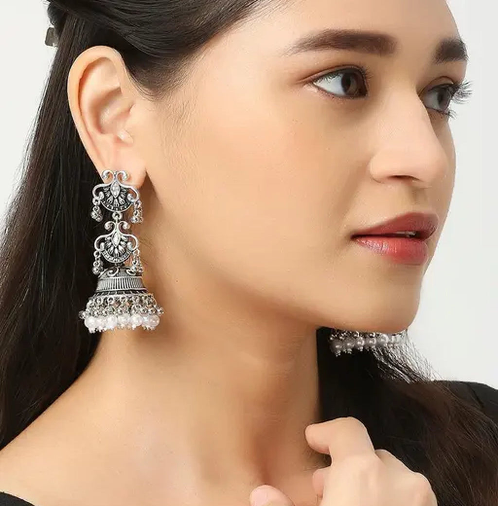 Jewel City Vintage Oxidized Silver Jhumka Earrings with Pearl and Red Bead Accents - Distacart