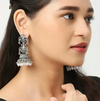 Jewel City Vintage Oxidized Silver Jhumka Earrings with Pearl and Red Bead Accents - Distacart