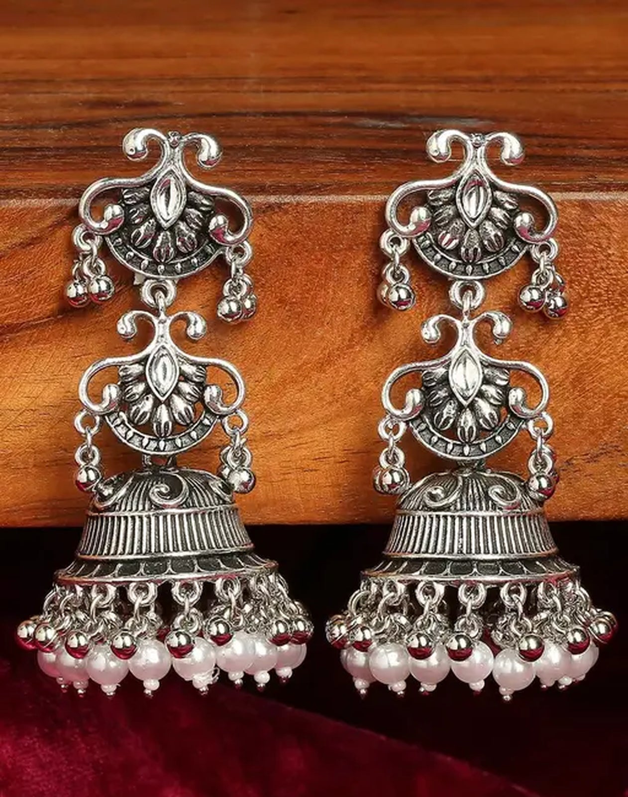Jewel City Vintage Oxidized Silver Jhumka Earrings with Pearl and Red Bead Accents - Distacart