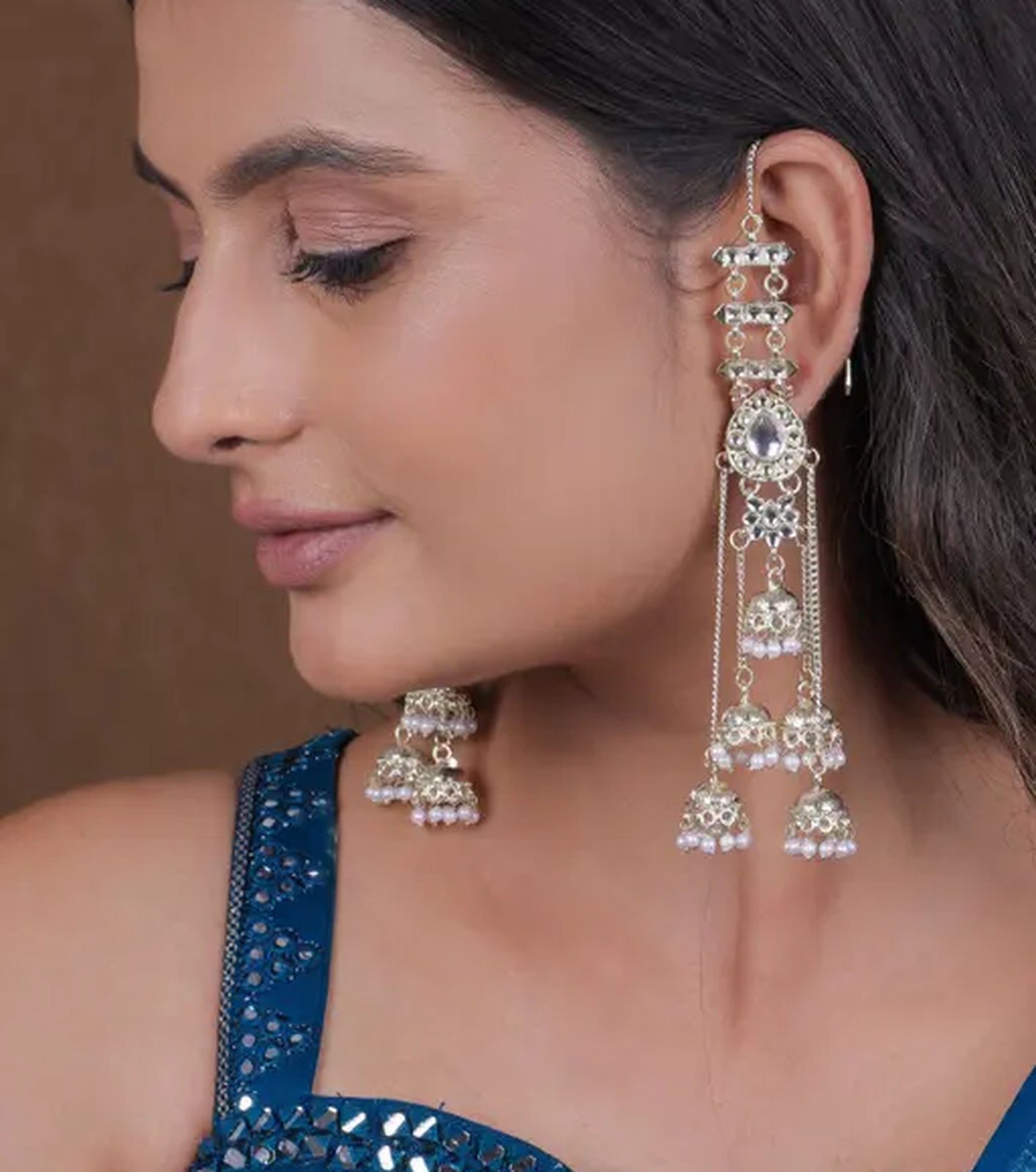 Jewel City Elegant Silver Kashmiri-Style Chandelier Earrings with Jhumka Drops - Distacart