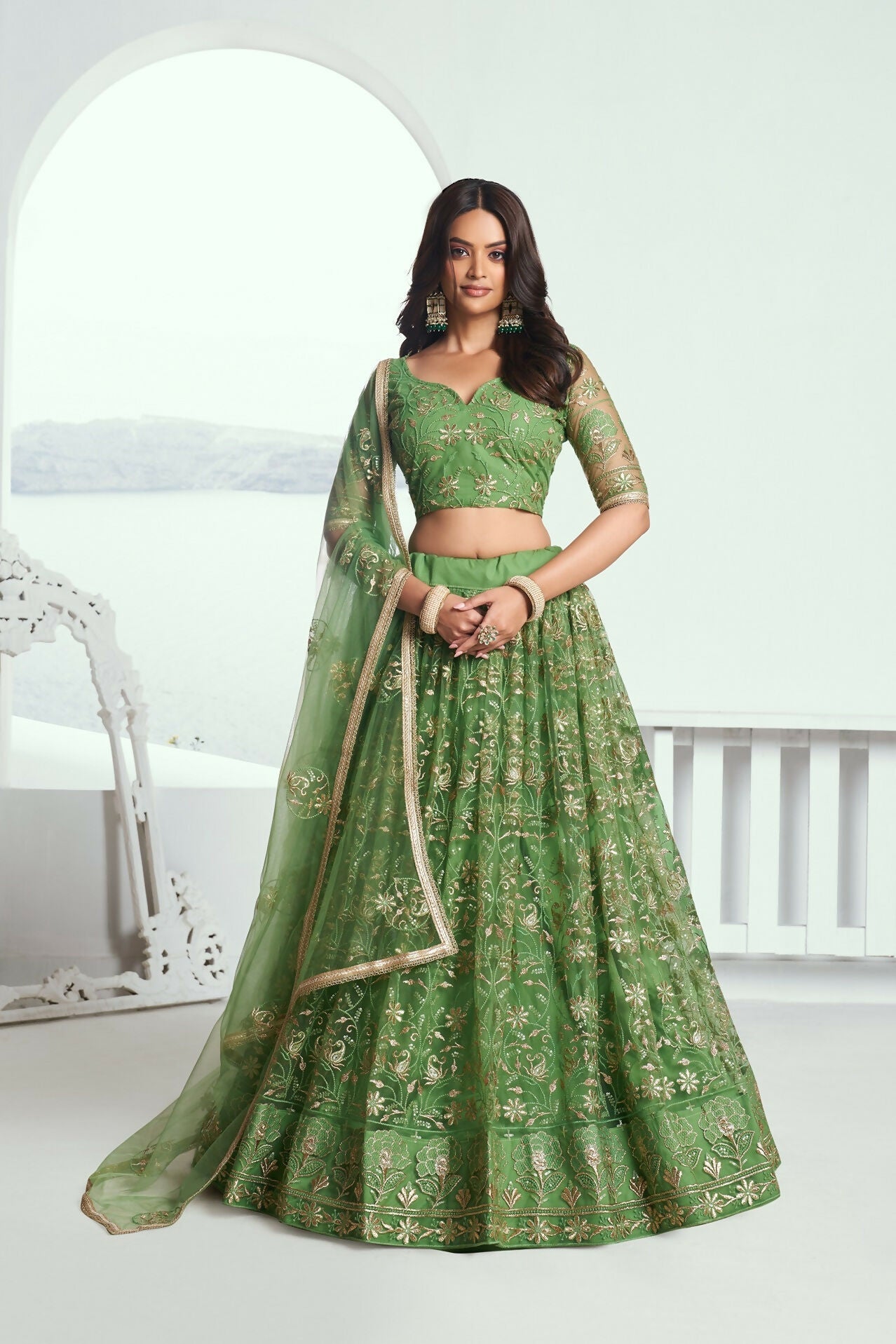 Eilara Elegance Pista Green Net With Embroidered And Thread Zari Sequence Function Wear Lehenga Choli