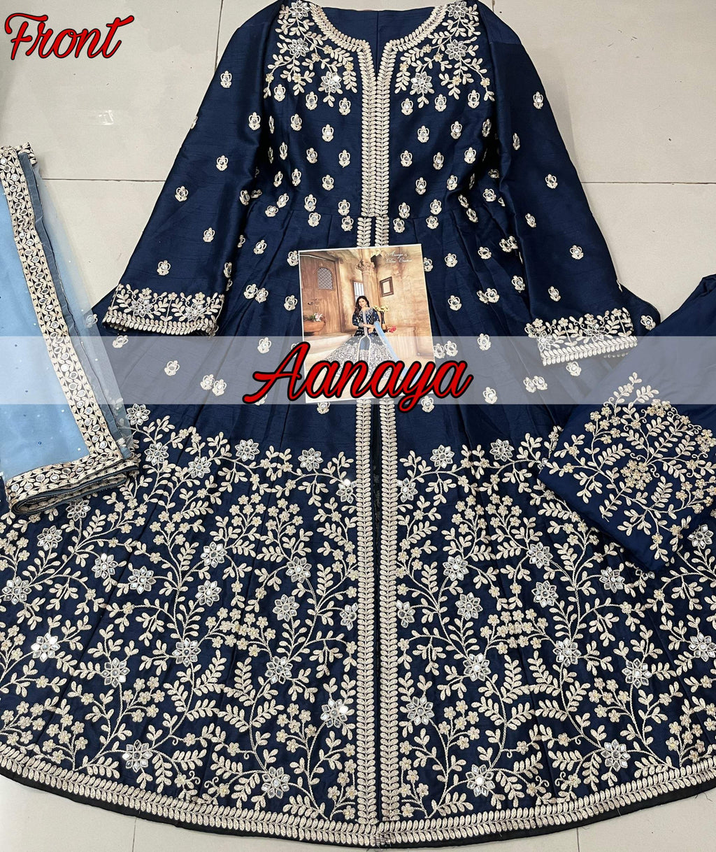 Anaita Navy Blue Embroidered Art Silk Anarkali Suit - Distacart