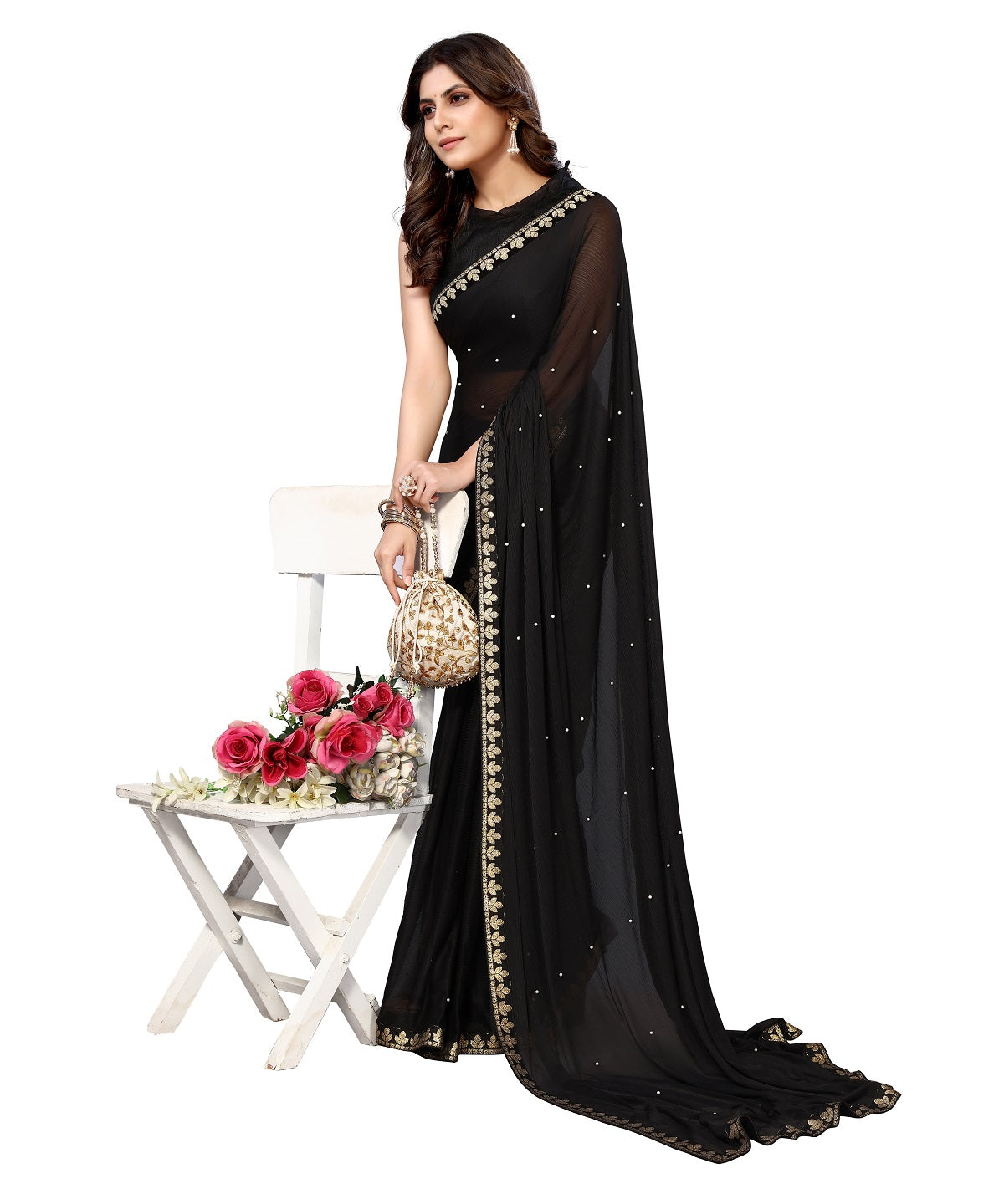 Vamika Goergette Silk Thread Work Black Bollywood Style Saree
