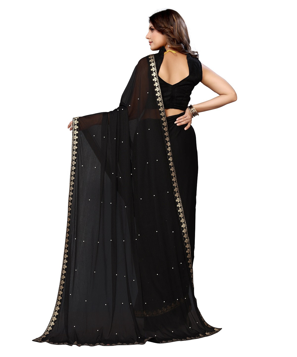 Vamika Goergette Silk Thread Work Black Bollywood Style Saree