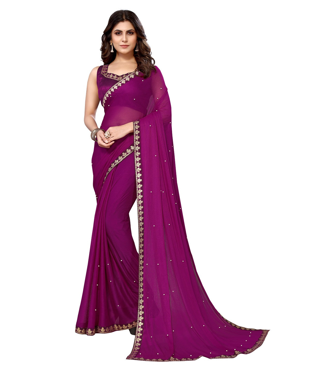 Vamika Goergette Silk Thread Work Purple Bollywood Style Saree