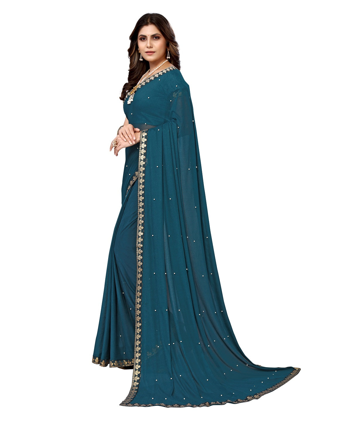 Vamika Goergette Silk Thread Work Rama Bollywood Style Saree