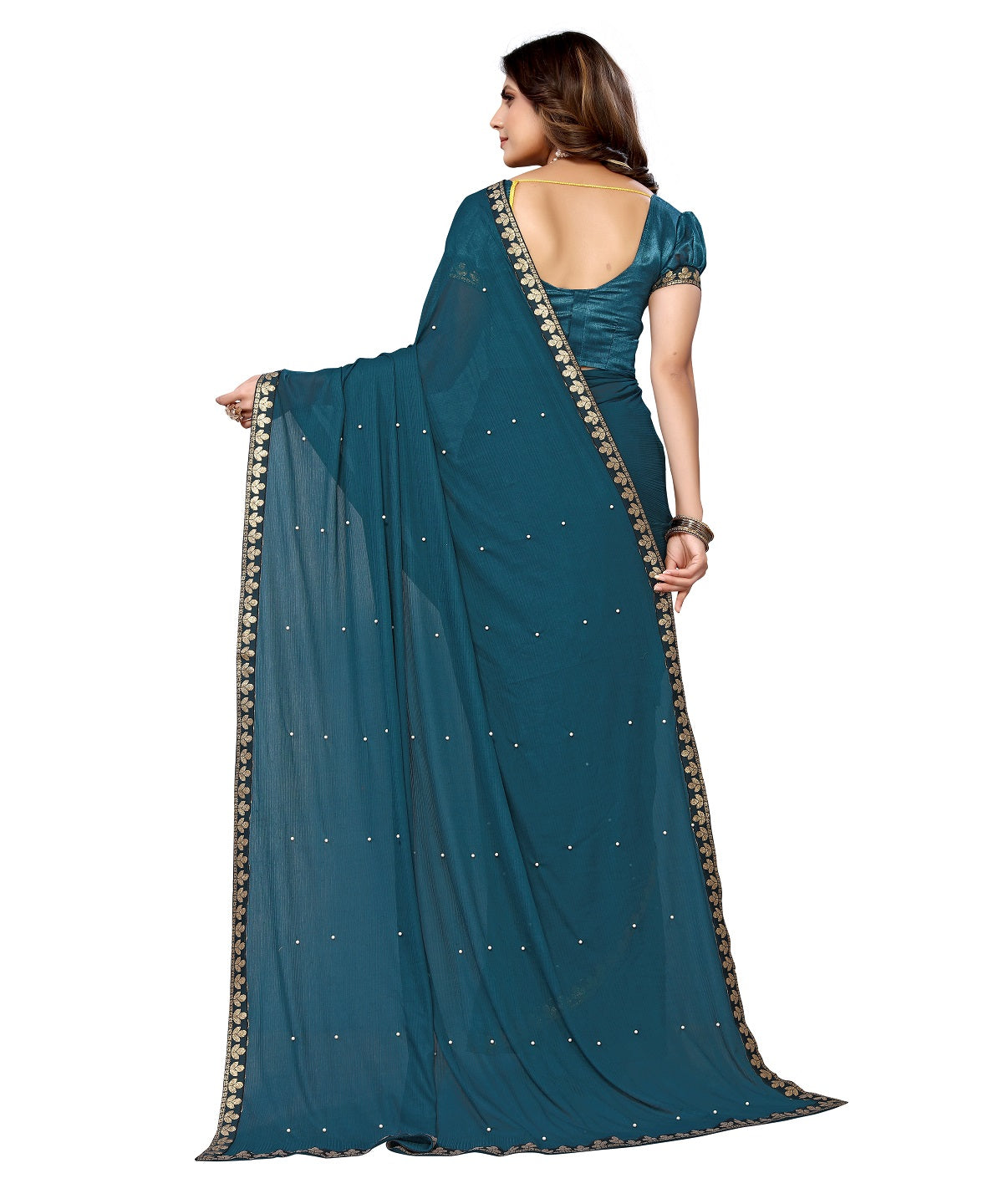 Vamika Goergette Silk Thread Work Rama Bollywood Style Saree