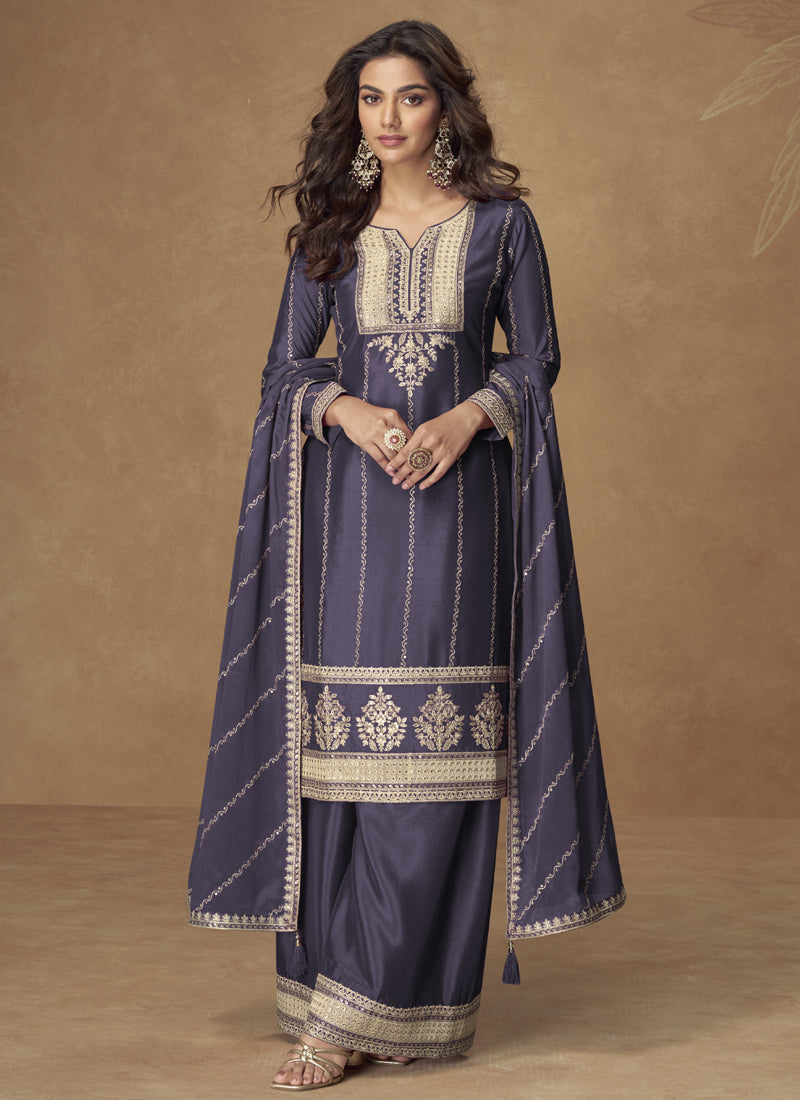 Vegaa Fashion Violet Chinon Silk Embroidered Designer Palazzo Suit