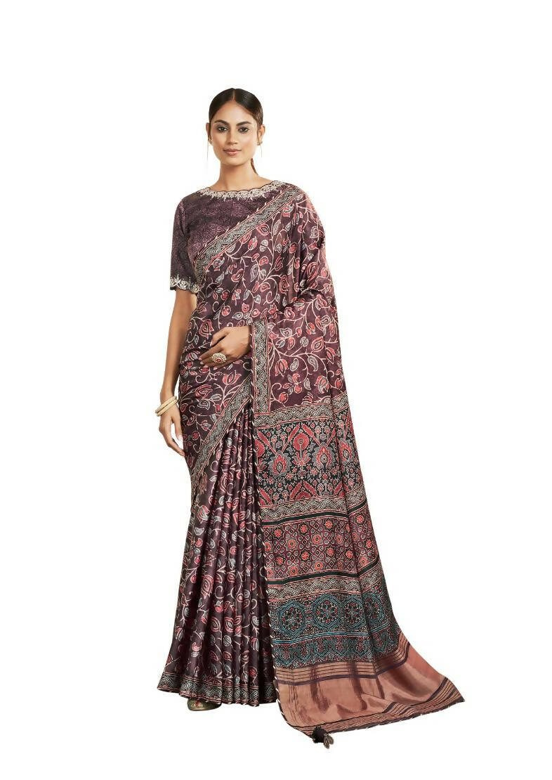 Purple Gajji Silk Floral Print with Hand work Border Saree - Norita Nirvi