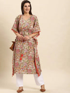 Janasya Beige & Pink Floral Printed Floral Kaftan Kurta - Distacart