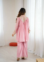 Teeya Creation Baby Pink Heavy Chinnon Silk Embroidery Work Plazo pair - Distacart
