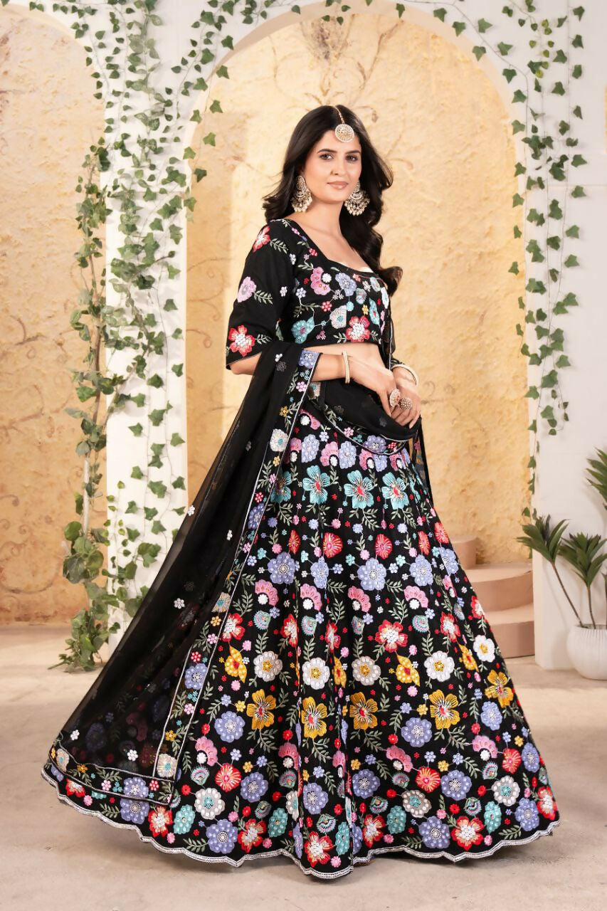 Eilara Flower Designer Black Lehenga For Reception
