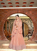 Peach Chinon Crushed Sequence and Thread Embroidery Work Lehenga Choli with Dupatta - Viharini