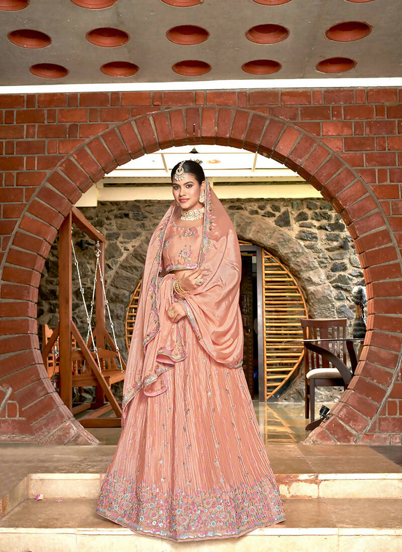 Peach Chinon Crushed Sequence and Thread Embroidery Work Lehenga Choli with Dupatta - Viharini