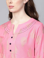 Yufta Women Pink & Golden Printed Kurta with Palazzo