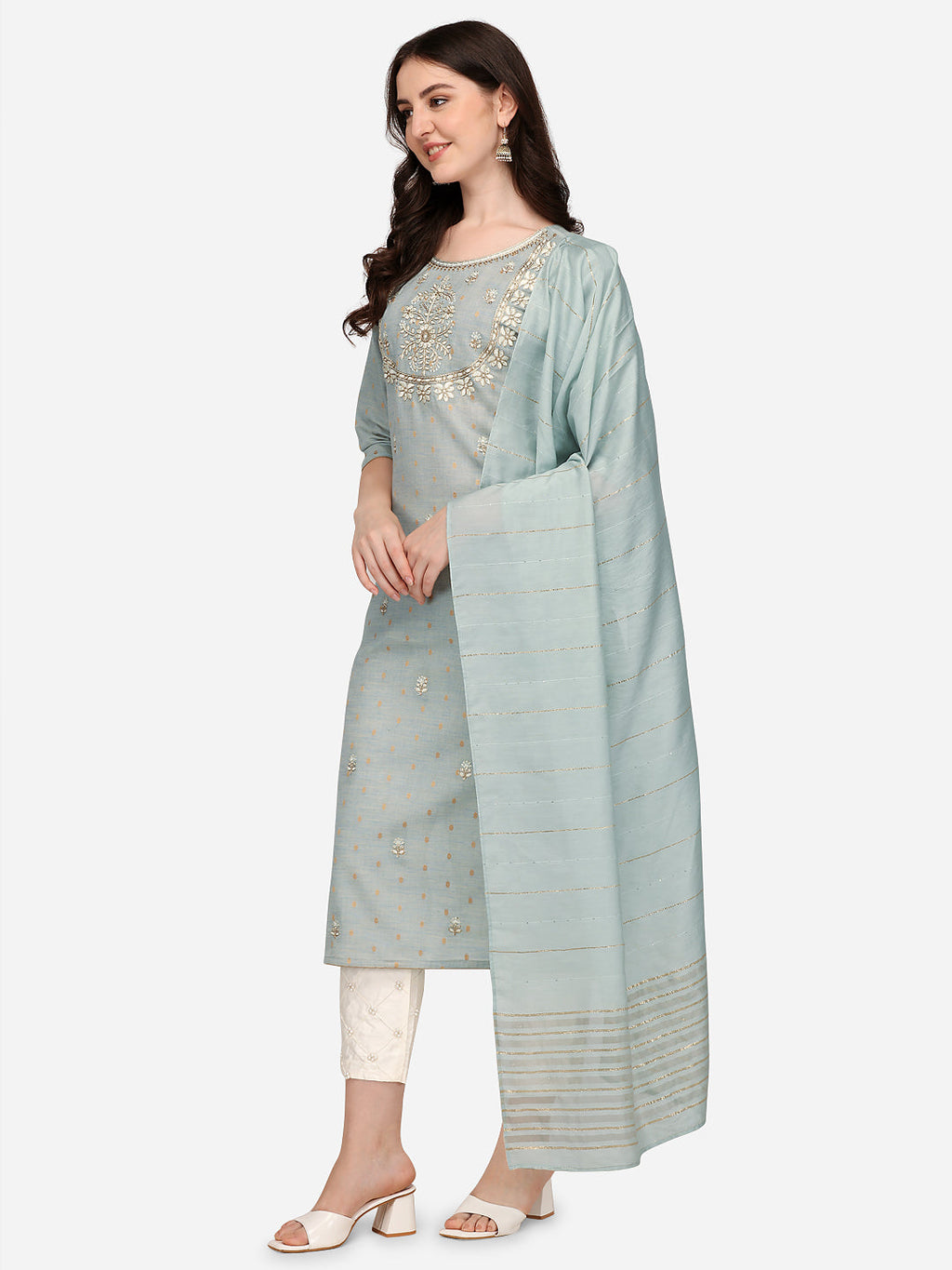 Embroidered Kurta With Pant & Dupatta Set, Multicolor - Hiral Fashion - Distacart